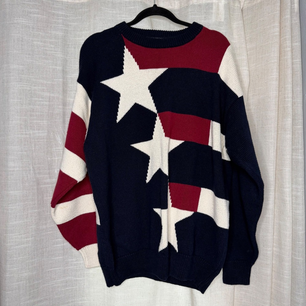 Cotton Traders Knit Sweater Stars Stripes American Flag USA Navy Red White Large